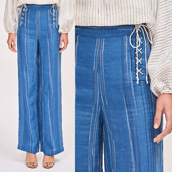 AMUR Leah Striped Linen Side Tie Stright Leg Pant in Blue Size 6 - Picture 2 of 16